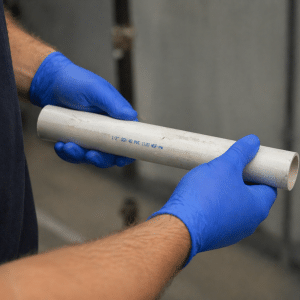 Blue X3 Nitrile Glove Holding PVC Pipe