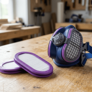 GVS P100 replacement filters and respirator on workbench – ShuBee PPE supplier