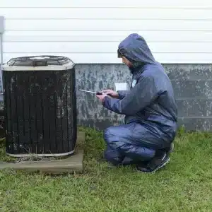 man squatting in waterproof coverall