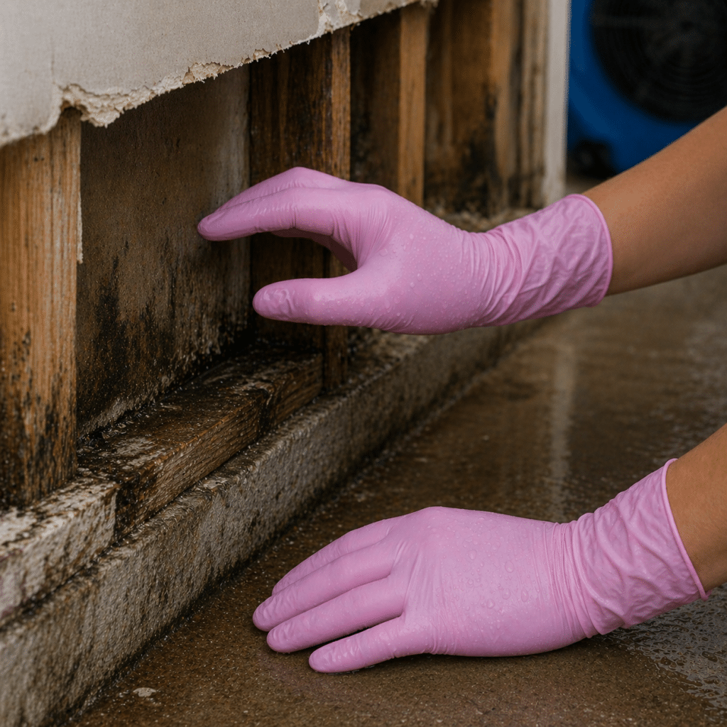 Pink Nitrile Gloves Inspecting Water Damage