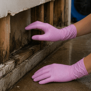 Pink Nitrile Gloves Inspecting Water Damage