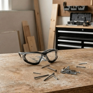 Pyramex Proximity safety glasses on workbench with tools