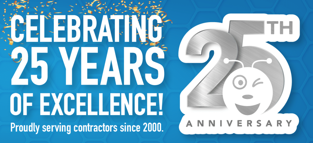Shubee 25th Anniversary banner celebrating 25 years of excellence and proudly serving contractors since 2000