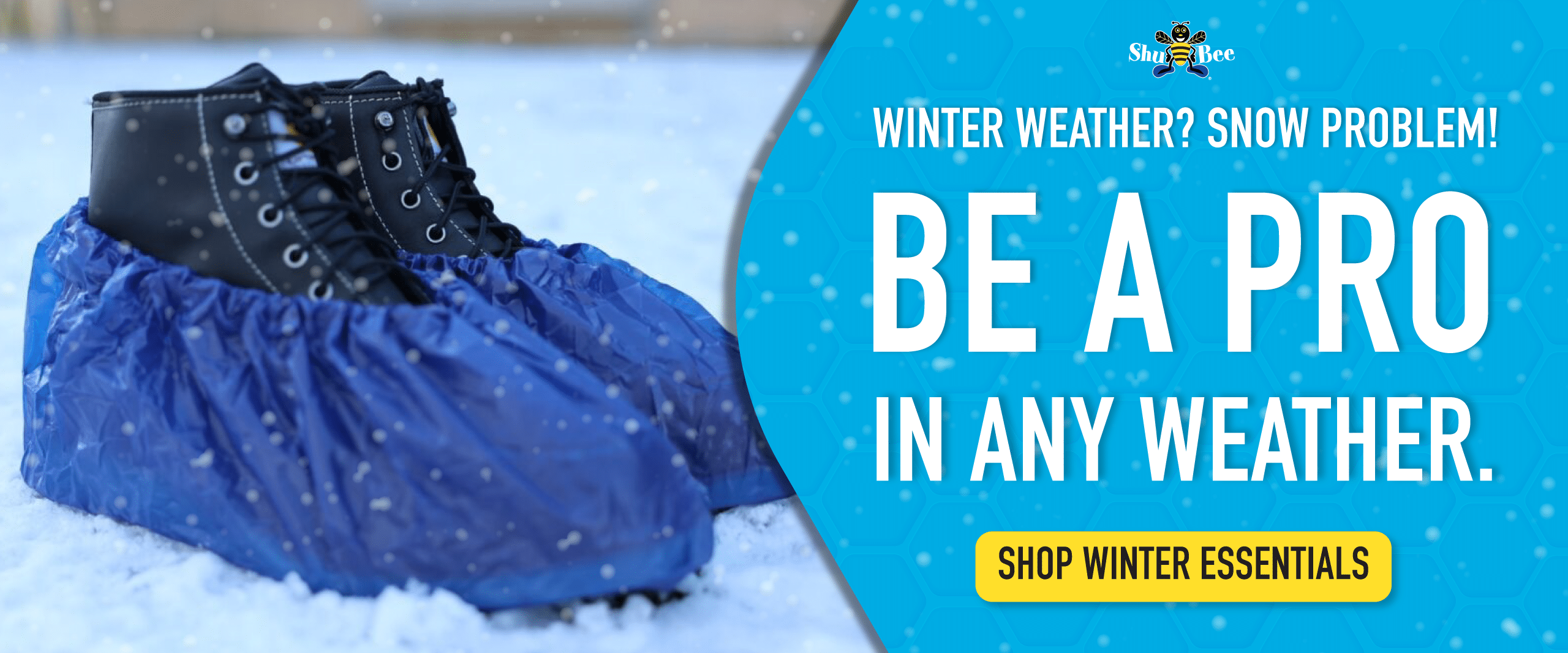 ShuBee® winter shoe covers worn over work boots to prevent snow and moisture indoors