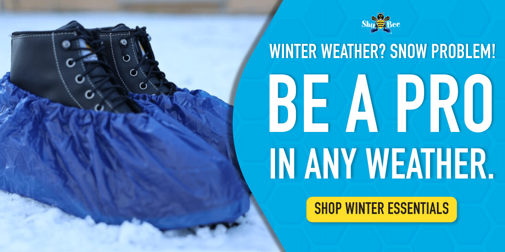 ShuBee® waterproof shoe covers worn on boots in snow for winter weather protection.