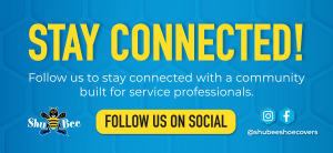 ShuBee social media banner encouraging service professionals to stay connected and follow @shubeeshoecovers on Instagram and Facebook