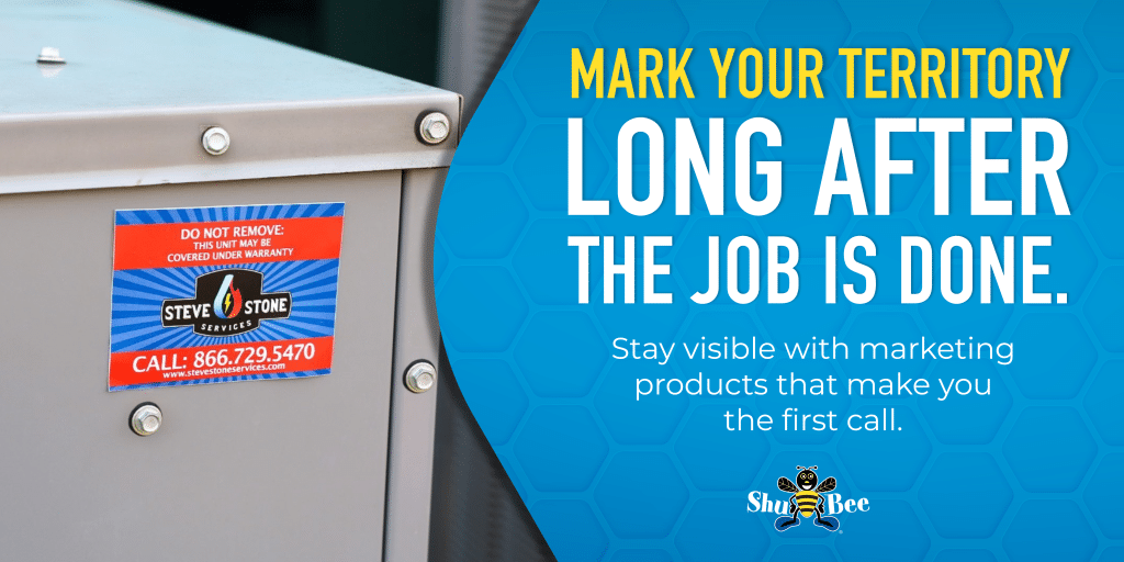 Branded HVAC unit with marketing sticker and “Mark Your Territory Long After the Job Is Done” promotional graphic